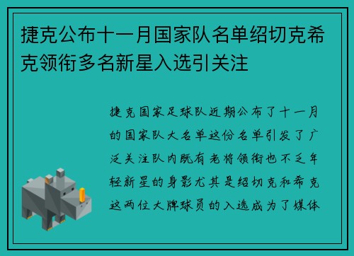 捷克公布十一月国家队名单绍切克希克领衔多名新星入选引关注