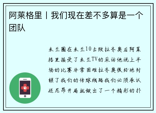 阿莱格里丨我们现在差不多算是一个团队